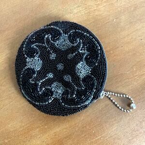 Vintage Art Nouveau Change Purse Black Seed Beads Handmade Belgium Wico Zipper